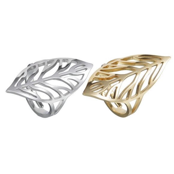 3/$35 14K Gold Plated Gold Leaf Ring Hollow Cutout Statement Jewelry Boho - Picture 5 of 6